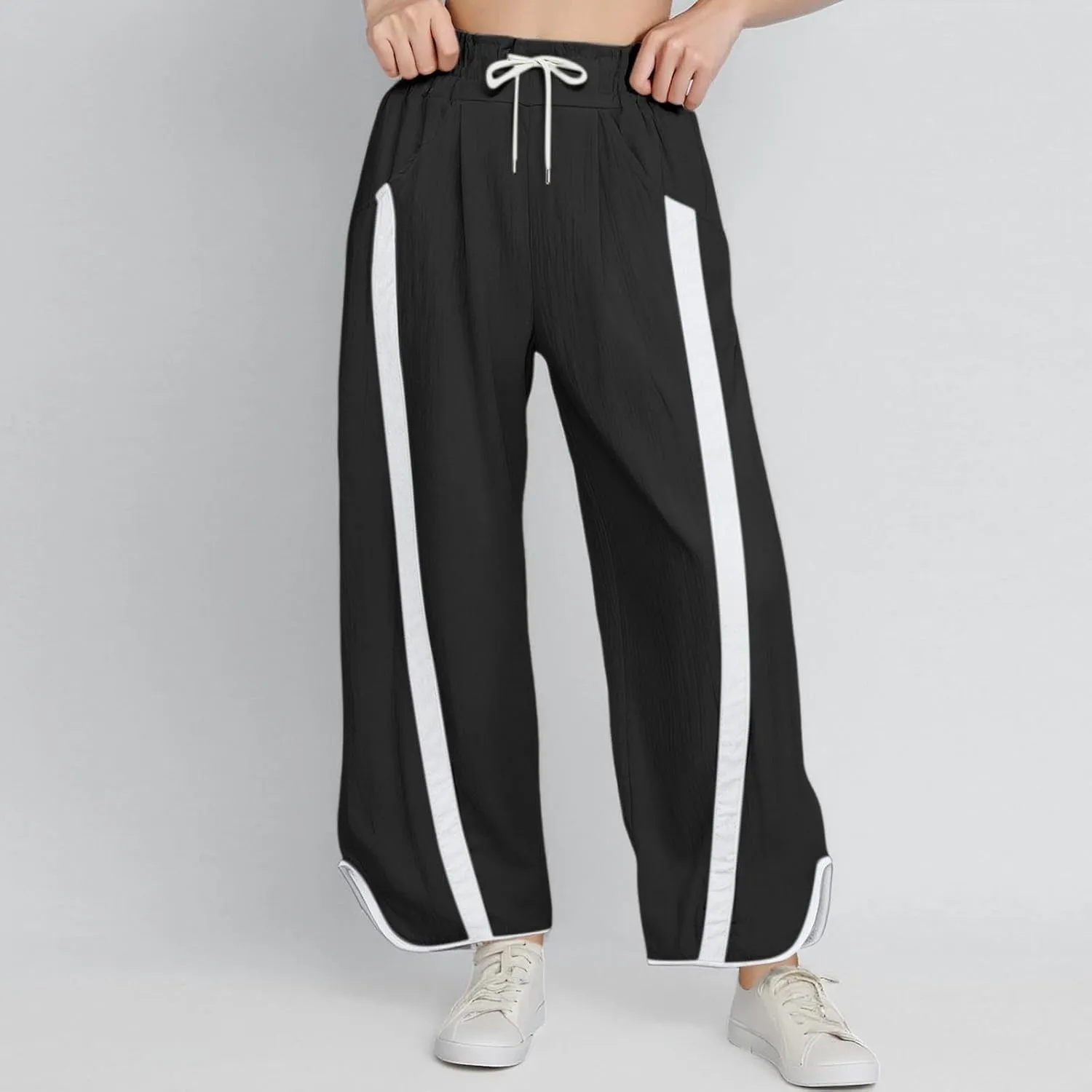 Sweatpants Women Stripe Plus Size Drawstring High Waist Casual Palazzo Pants Straight Wide Leg Trousers with Pocket