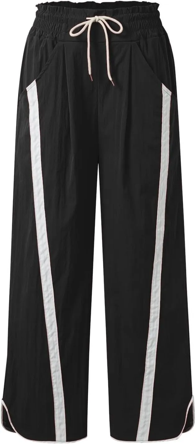 Sweatpants Women Stripe Plus Size Drawstring High Waist Casual Palazzo Pants Straight Wide Leg Trousers with Pocket