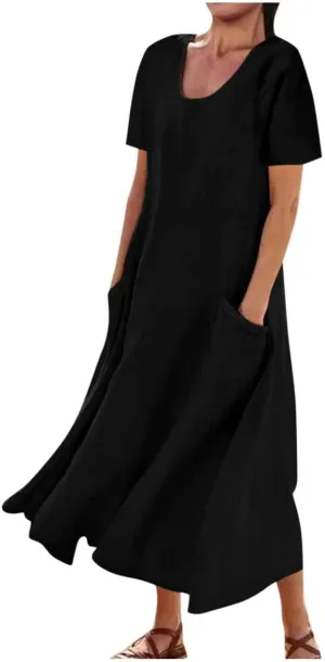 Swing Dresses for Women Summer Casual Short Sleeve Cotton Linen Dress Loose Ruffle Flowy Maxi Dress with Pockets 2025