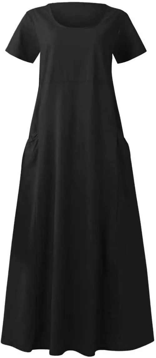 Swing Dresses for Women Summer Casual Short Sleeve Cotton Linen Dress Loose Ruffle Flowy Maxi Dress with Pockets 2025