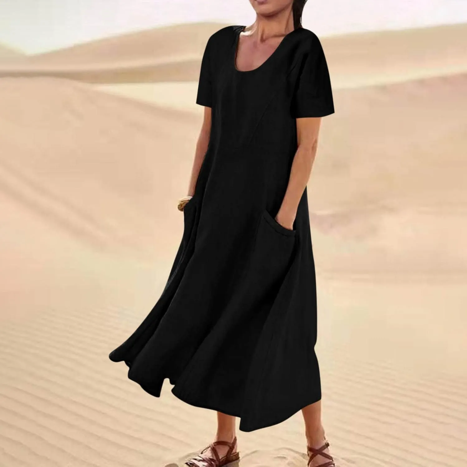 Swing Dresses for Women Summer Casual Short Sleeve Cotton Linen Dress Loose Ruffle Flowy Maxi Dress with Pockets 2025
