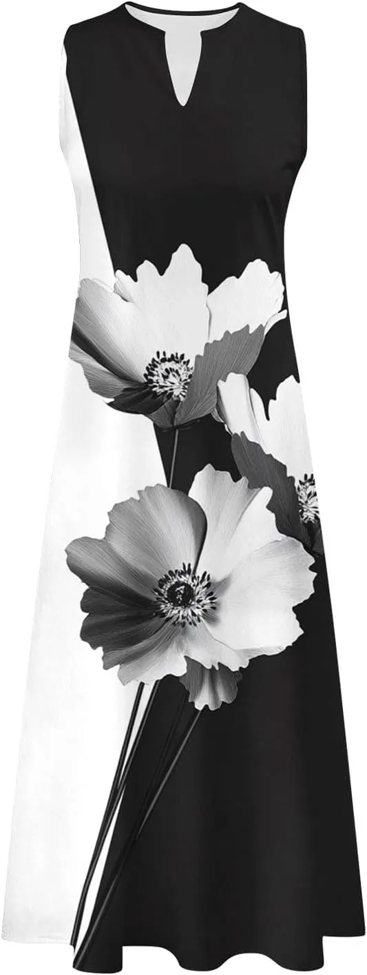 Swing Maxi Dress for Women Floral Printed Casual Summer V Neck Sleeveless Loose A-Line Beach Sundress with Pockets