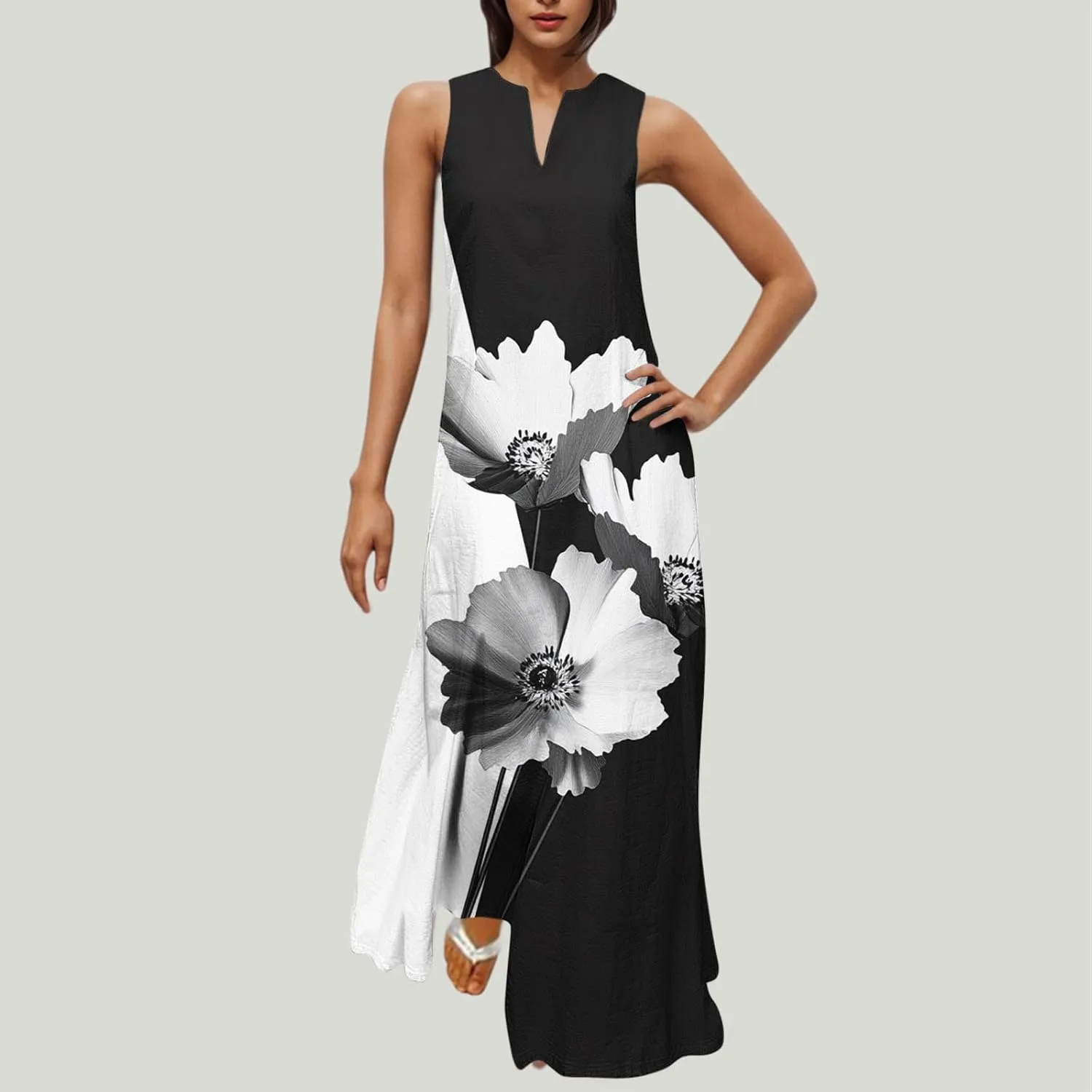 Swing Maxi Dress for Women Floral Printed Casual Summer V Neck Sleeveless Loose A-Line Beach Sundress with Pockets