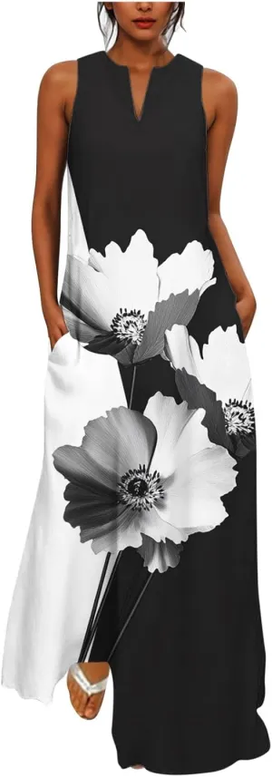 Swing Maxi Dress for Women Floral Printed Casual Summer V Neck Sleeveless Loose A-Line Beach Sundress with Pockets