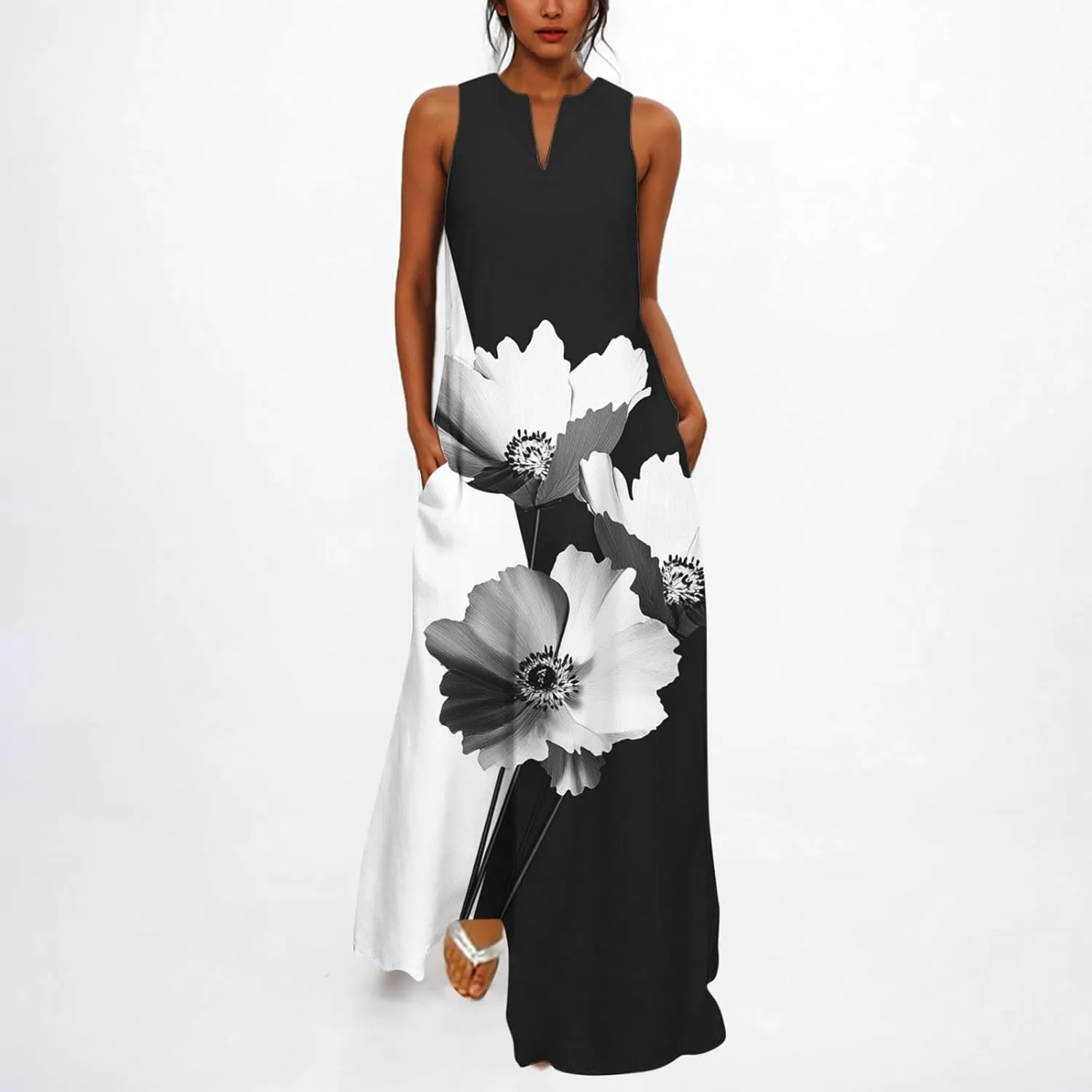 Swing Maxi Dress for Women Floral Printed Casual Summer V Neck Sleeveless Loose A-Line Beach Sundress with Pockets