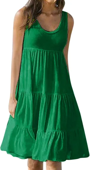 TANGNADE Women's Summer Sleeveless A-Line Midi Dresses Casual Trendy Dress Flowy Beach Sundress U Neck Tank Dresses