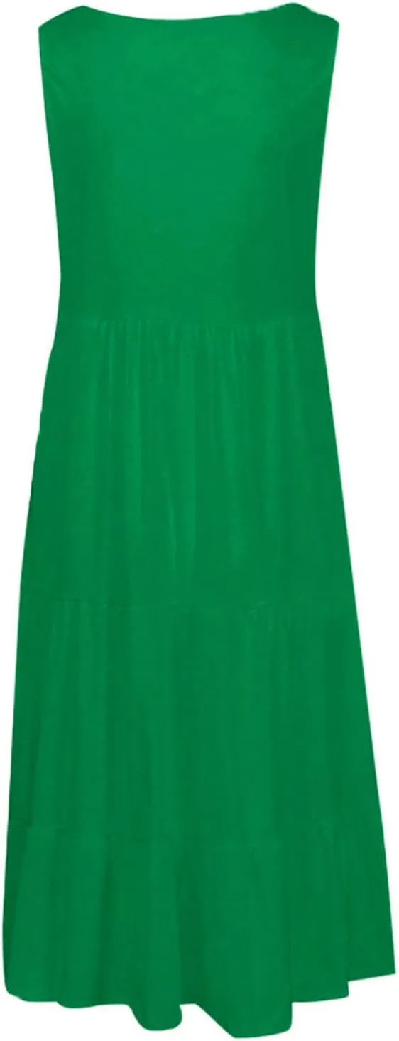 TANGNADE Women's Summer Sleeveless A-Line Midi Dresses Casual Trendy Dress Flowy Beach Sundress U Neck Tank Dresses