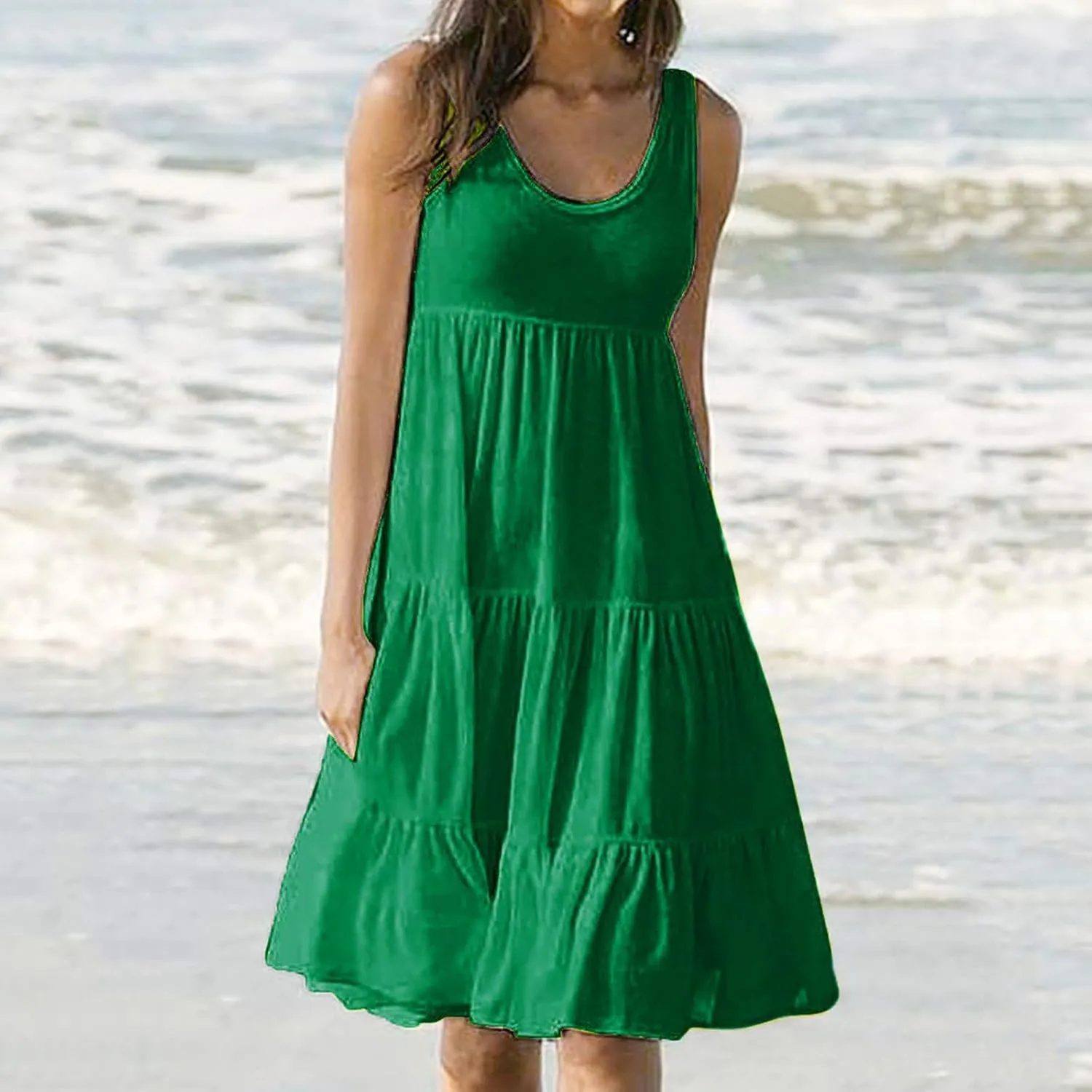 TANGNADE Women's Summer Sleeveless A-Line Midi Dresses Casual Trendy Dress Flowy Beach Sundress U Neck Tank Dresses