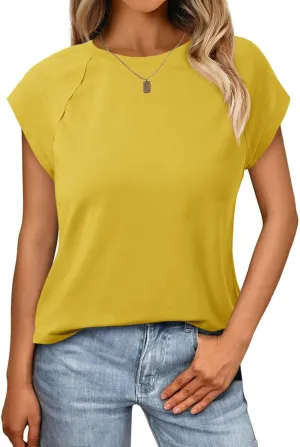 Tankaneo Womens Cap Sleeve Tank Tops Summer Casual Crew Neck Cotton T-Shirts Loose Fit Basic Tee Shirts