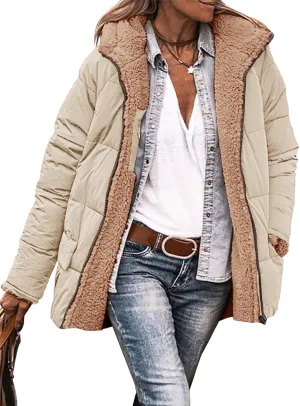 Tankaneo Womens Reversible Puffer Jackets Sherpa Lined Fleece Winter Coats Casual Zip Up Hooded Warm Outerwear