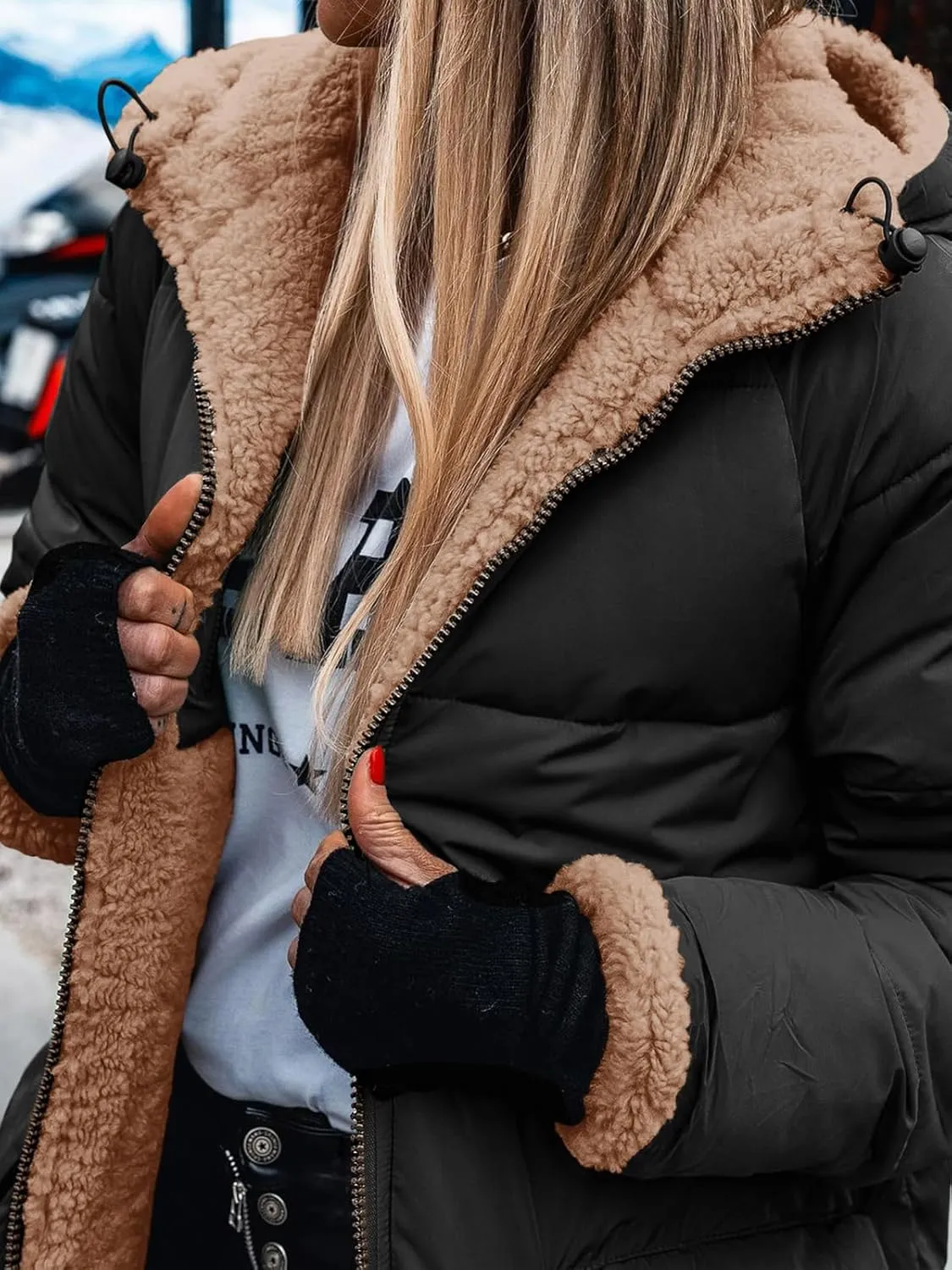 Tankaneo Womens Reversible Puffer Jackets Sherpa Lined Fleece Winter Coats Casual Zip Up Hooded Warm Outerwear
