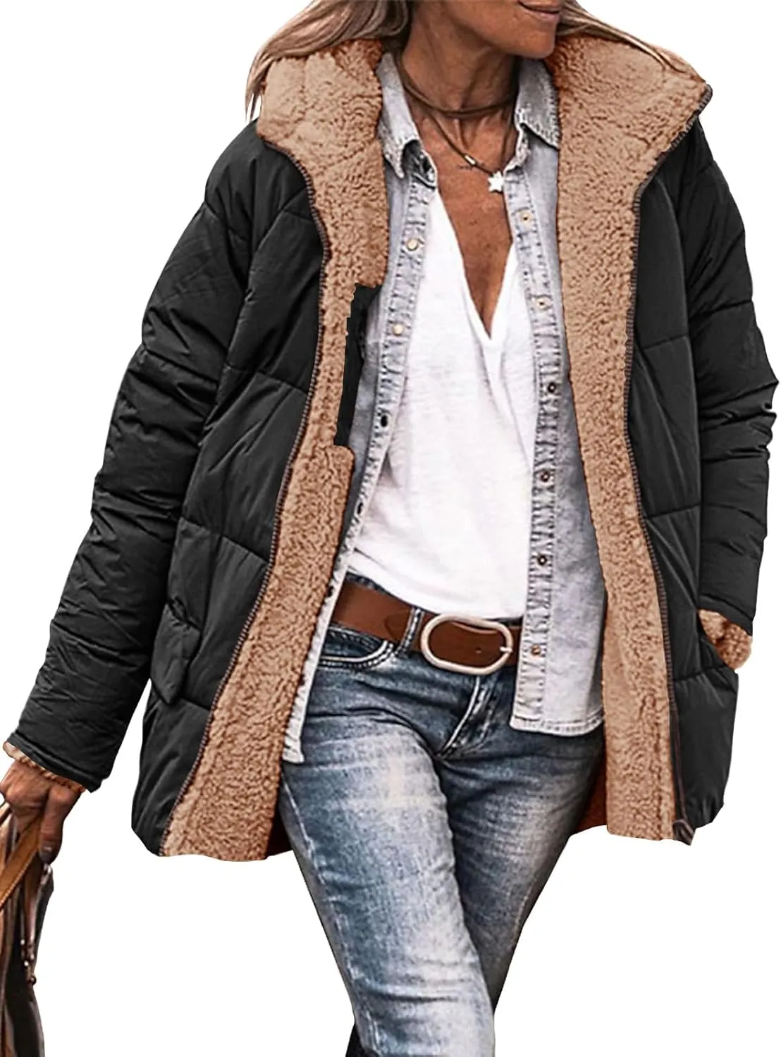 Tankaneo Womens Reversible Puffer Jackets Sherpa Lined Fleece Winter Coats Casual Zip Up Hooded Warm Outerwear