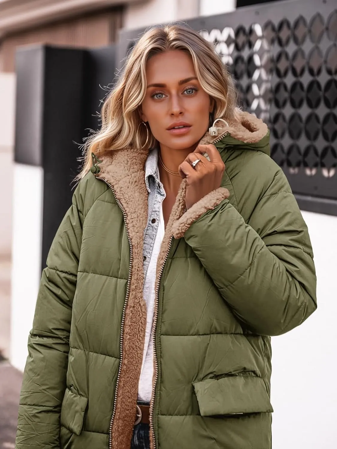 Tankaneo Womens Reversible Puffer Jackets Sherpa Lined Fleece Winter Coats Casual Zip Up Hooded Warm Outerwear