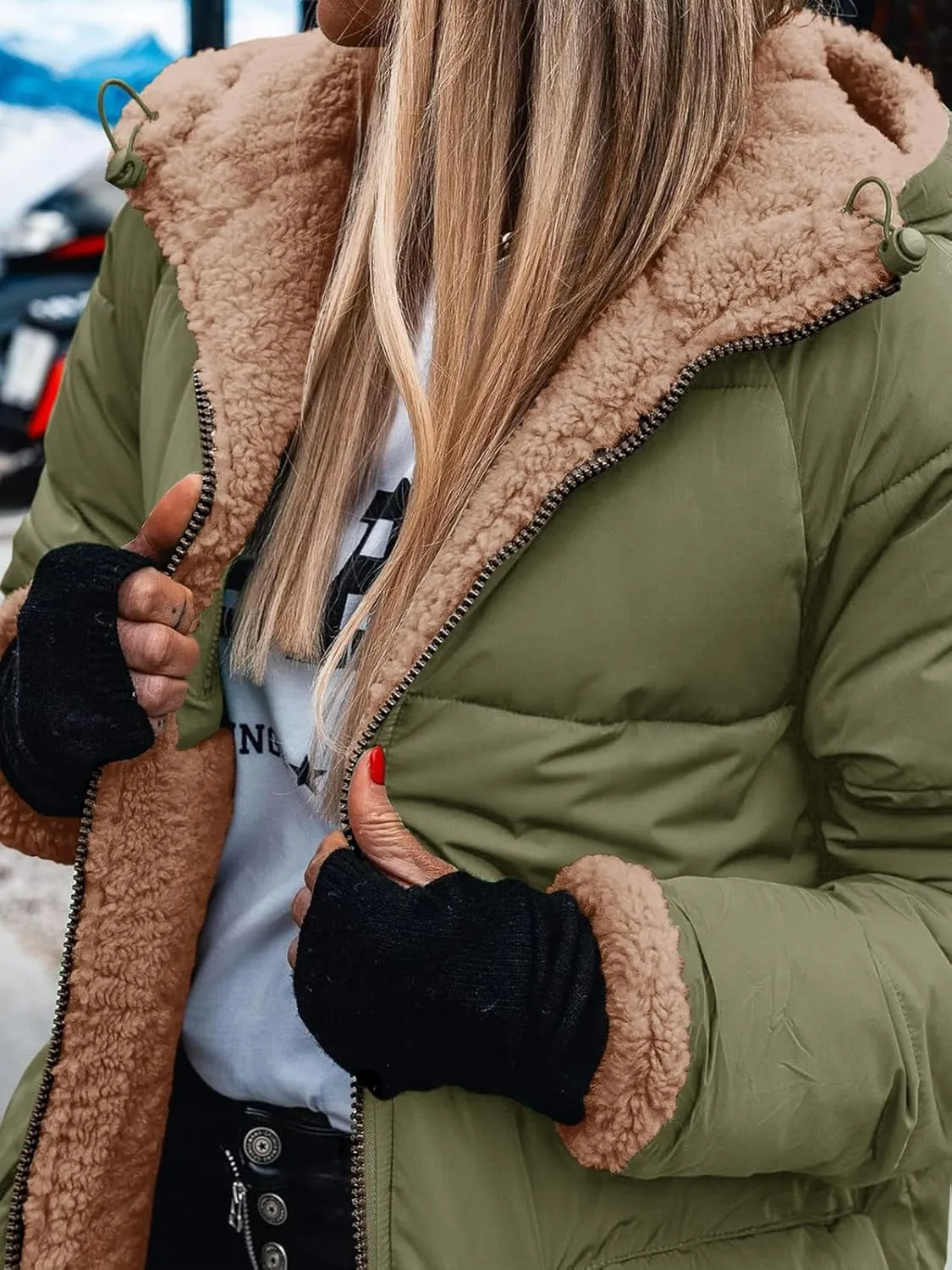 Tankaneo Womens Reversible Puffer Jackets Sherpa Lined Fleece Winter Coats Casual Zip Up Hooded Warm Outerwear