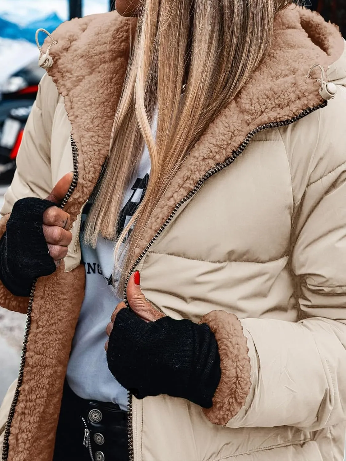 Tankaneo Womens Reversible Puffer Jackets Sherpa Lined Fleece Winter Coats Casual Zip Up Hooded Warm Outerwear