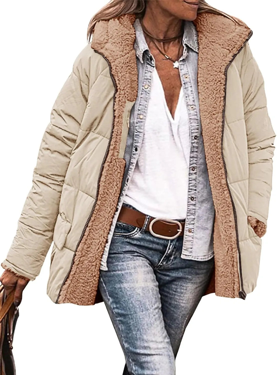 Tankaneo Womens Reversible Puffer Jackets Sherpa Lined Fleece Winter Coats Casual Zip Up Hooded Warm Outerwear