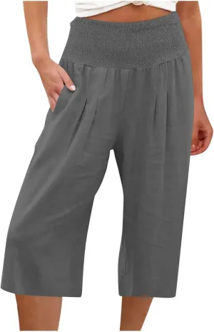 TARIENDY 2025 Summer Capri Pants for Women Cotton Linen Pants Beach Casual High Waisted Pants Wide Leg Elastic Waist Capris
