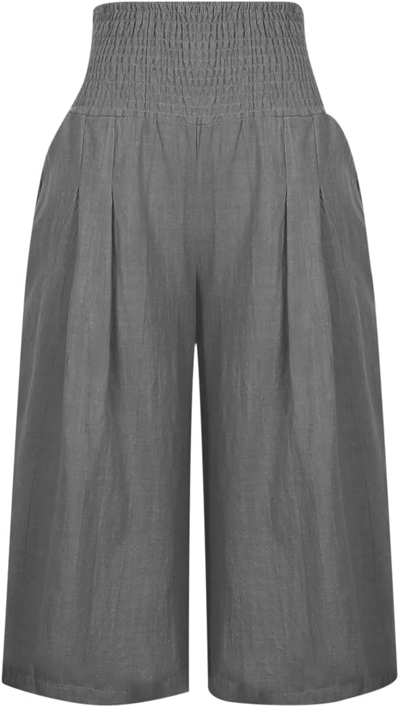 TARIENDY 2025 Summer Capri Pants for Women Cotton Linen Pants Beach Casual High Waisted Pants Wide Leg Elastic Waist Capris