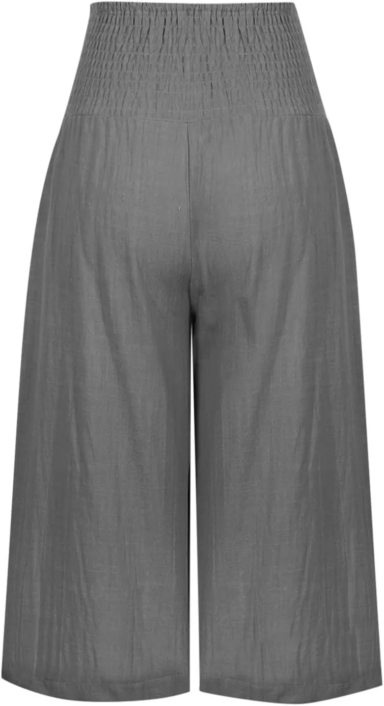 TARIENDY 2025 Summer Capri Pants for Women Cotton Linen Pants Beach Casual High Waisted Pants Wide Leg Elastic Waist Capris