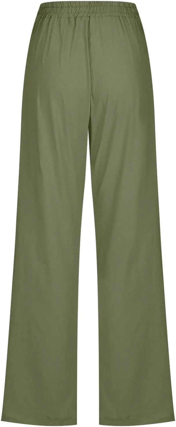 TARIENDY Casual Pants for Women Loose Fit Straight Leg Drawstring Elastic Waist Pants Summer Beach Outfits with Pockets