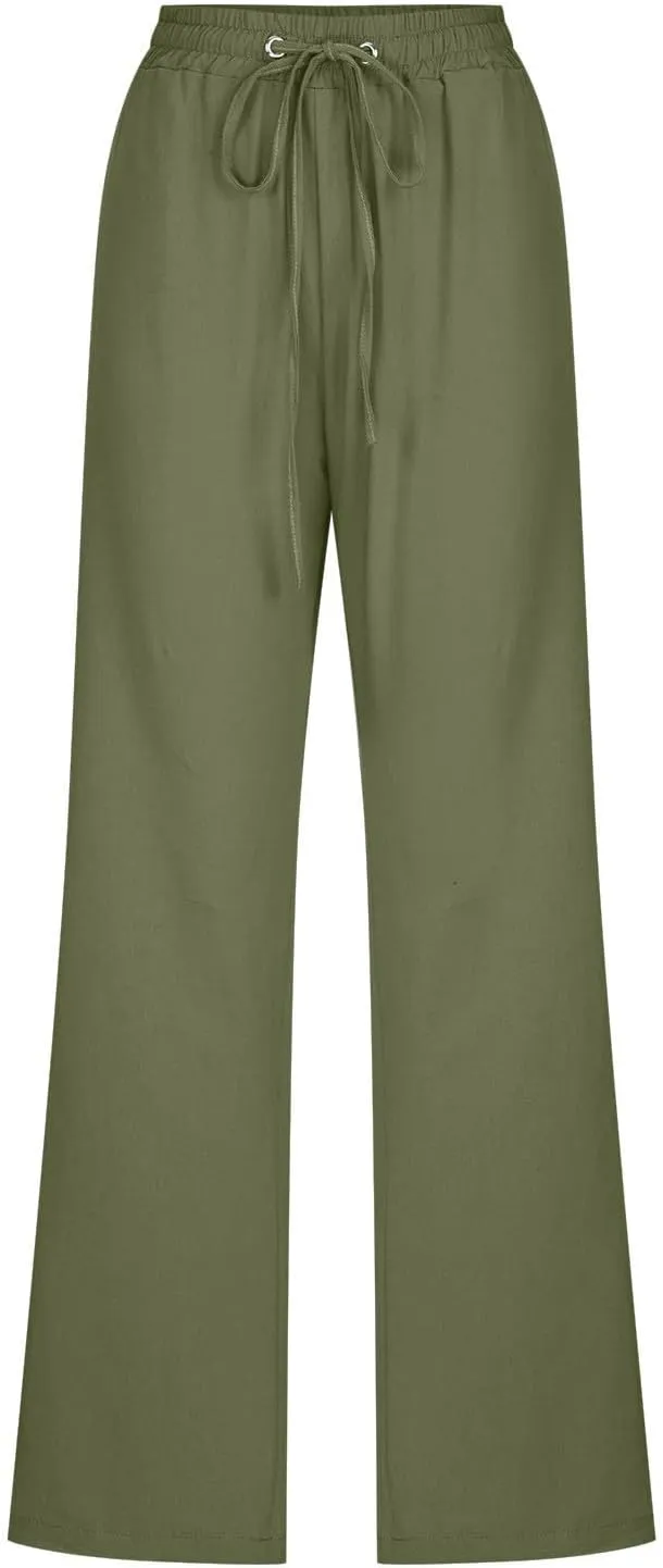 TARIENDY Casual Pants for Women Loose Fit Straight Leg Drawstring Elastic Waist Pants Summer Beach Outfits with Pockets