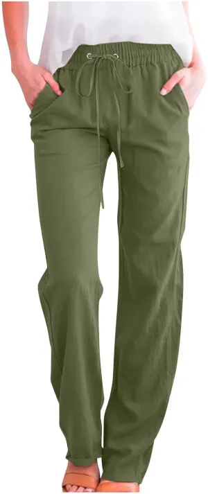 TARIENDY Casual Pants for Women Loose Fit Straight Leg Drawstring Elastic Waist Pants Summer Beach Outfits with Pockets