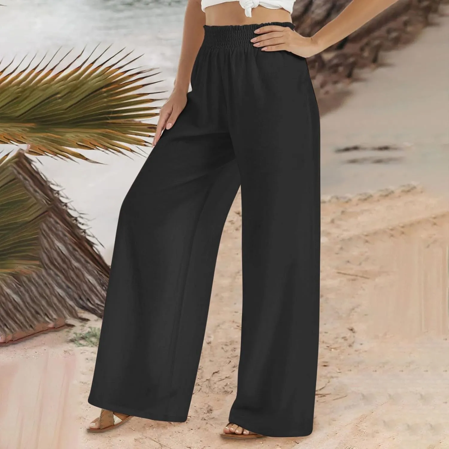 TARIENDY Linen Wide Leg Pants for Women Ladies Elastic high Waisted Outfits 2025 Wide Leg Pants Lightweight Casual Trousers
