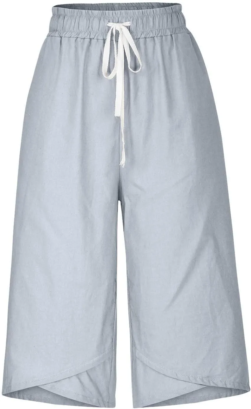 TARIENDY Wide Leg Capri Pants for Women Cotton Linen High Waist Casual Summer Pant Loose Comfy Fit Drawstring Lounge Capris