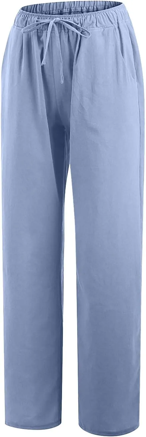TARIENDY Women's Cotton Linen Pants Drawstring Elastic High Waist Wide Leg Lounge Palazzo Trousers Beach Vacation Outfits