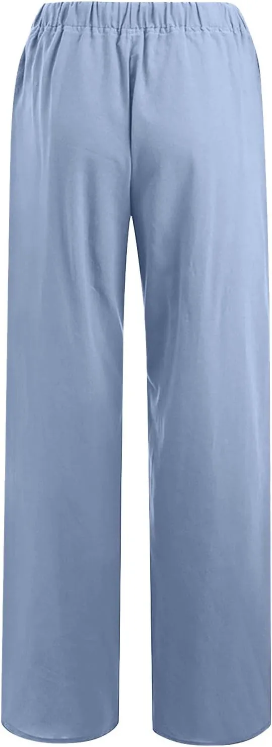 TARIENDY Women's Cotton Linen Pants Drawstring Elastic High Waist Wide Leg Lounge Palazzo Trousers Beach Vacation Outfits