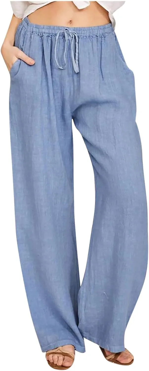 TARIENDY Women's Cotton Linen Pants Drawstring Elastic High Waist Wide Leg Lounge Palazzo Trousers Beach Vacation Outfits