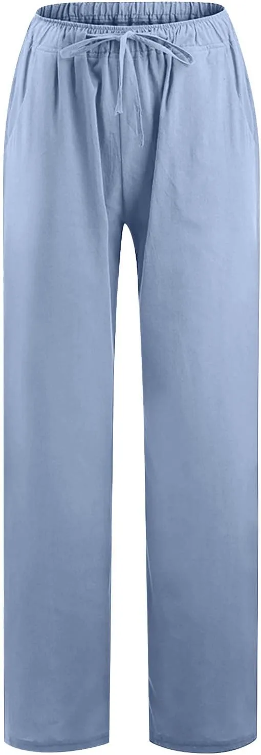 TARIENDY Women's Cotton Linen Pants Drawstring Elastic High Waist Wide Leg Lounge Palazzo Trousers Beach Vacation Outfits