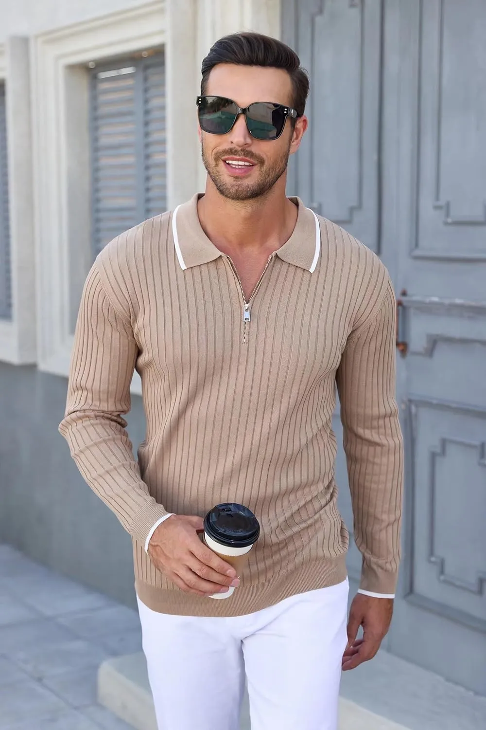 ThusFar Men's Zipper Polo Shirt Casual Knit Long Sleeve Ribbed Polo T Shirt Classic Fit Golf Shirts Activewear Polos