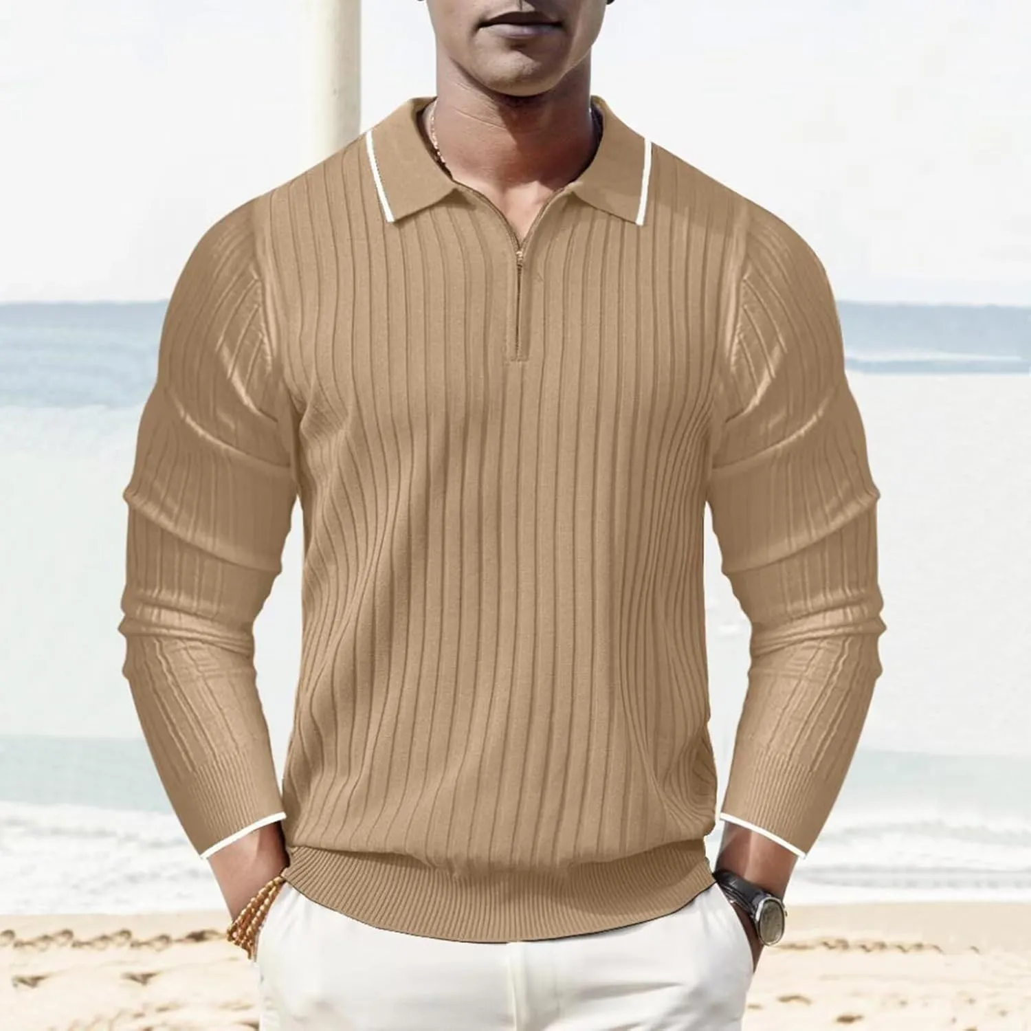 ThusFar Men's Zipper Polo Shirt Casual Knit Long Sleeve Ribbed Polo T Shirt Classic Fit Golf Shirts Activewear Polos