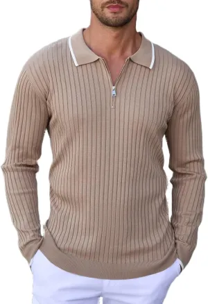 ThusFar Men's Zipper Polo Shirt Casual Knit Long Sleeve Ribbed Polo T Shirt Classic Fit Golf Shirts Activewear Polos