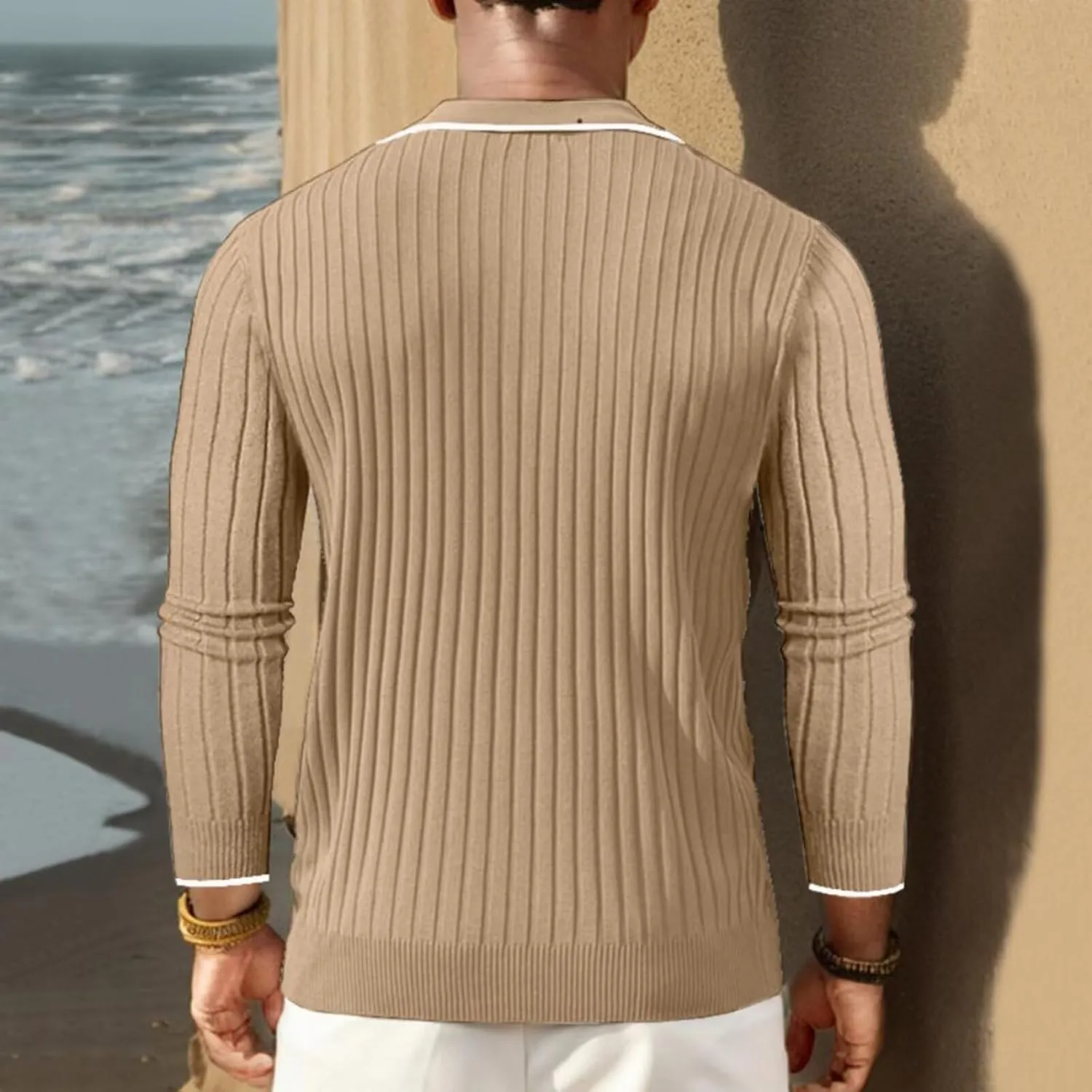 ThusFar Men's Zipper Polo Shirt Casual Knit Long Sleeve Ribbed Polo T Shirt Classic Fit Golf Shirts Activewear Polos