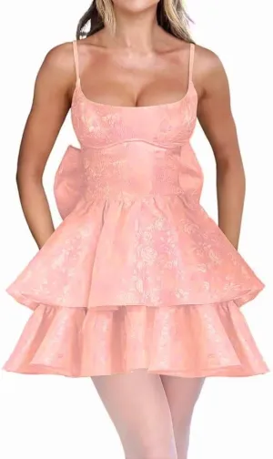 Tiered Jacquard Short Prom Dress with Bow Spaghetti Straps Floral Homecoming Dresses Mini Formal Cocktail Party Gowns