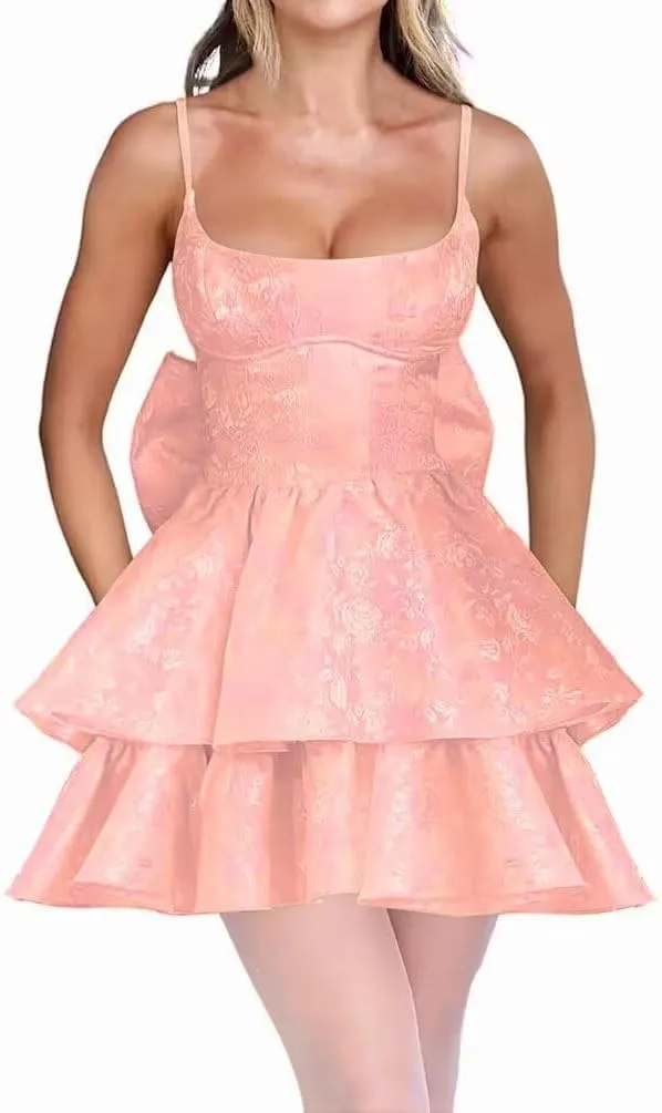 Tiered Jacquard Short Prom Dress with Bow Spaghetti Straps Floral Homecoming Dresses Mini Formal Cocktail Party Gowns