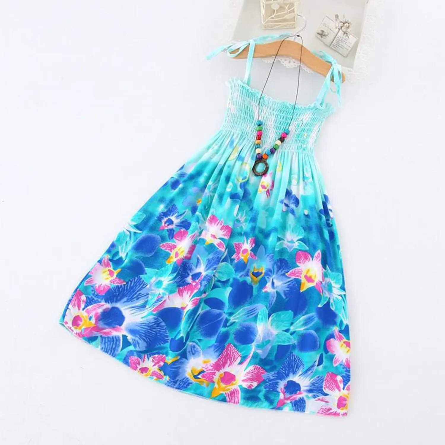 Toddler Kids Girls Lace-up Strap Dress 2~8 Years Summer Sleeveless Beach Sundress Floral Print Princess Dress