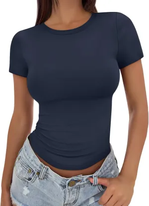 Trendy Queen Womens Basic T Shirts Summer Tops 2025 Crop Short Sleeve Slim Fit Tee Cute Gym Workout Clothes