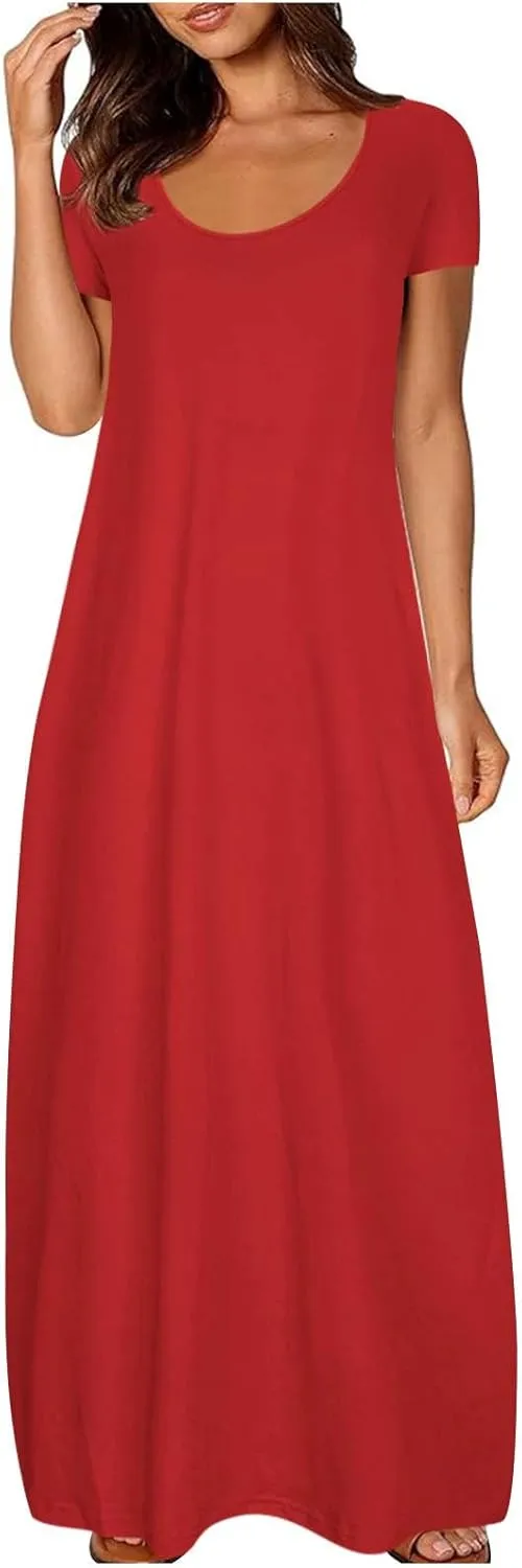 Tshirt Dresses for Women Casual Scoop Neck Short Sleeve Maxi Dress Summer Loose Plain Vacation Long Tee Shirts Dress
