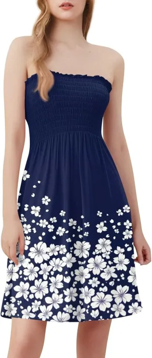 Tube Dresses for Women Strapless Summer Sexy Off Shoulder Flower Print Sleeveless Mini Sundress Beach Cover Up