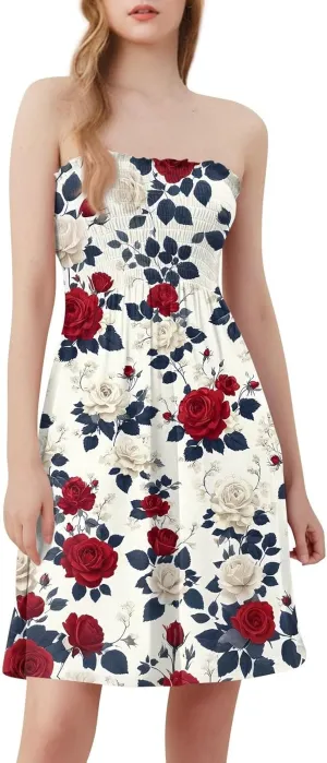 Tube Dresses for Women Strapless Summer Sexy Off Shoulder Flower Print Sleeveless Mini Sundress Beach Cover Up