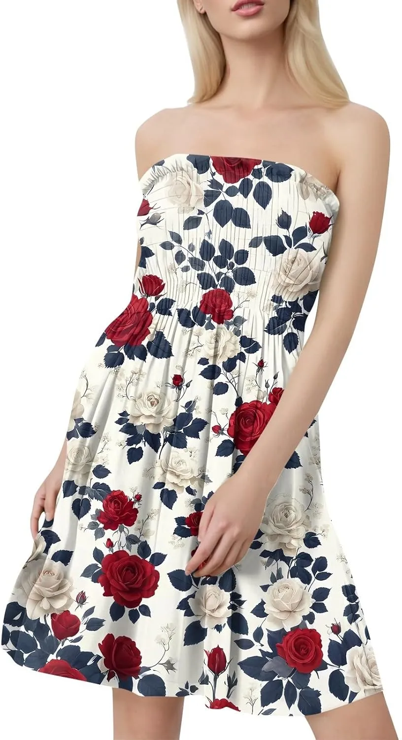 Tube Dresses for Women Strapless Summer Sexy Off Shoulder Flower Print Sleeveless Mini Sundress Beach Cover Up