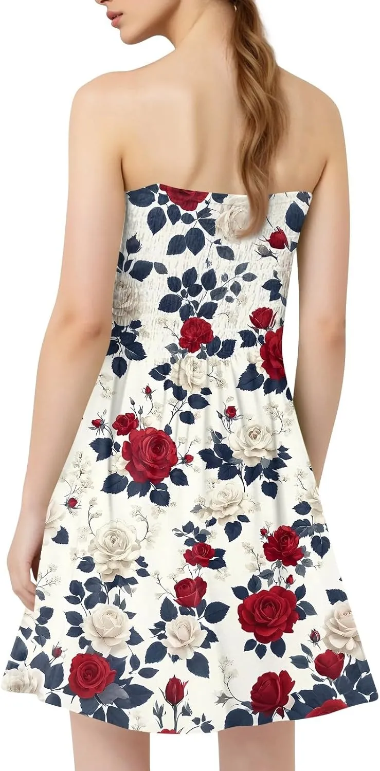 Tube Dresses for Women Strapless Summer Sexy Off Shoulder Flower Print Sleeveless Mini Sundress Beach Cover Up