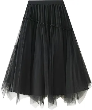 Tulle Skirt for Women Dressy Flowy High Waist Pleated Swing A-Line Skirts Summer Cute Mesh Irregular Hem Midi Skirts