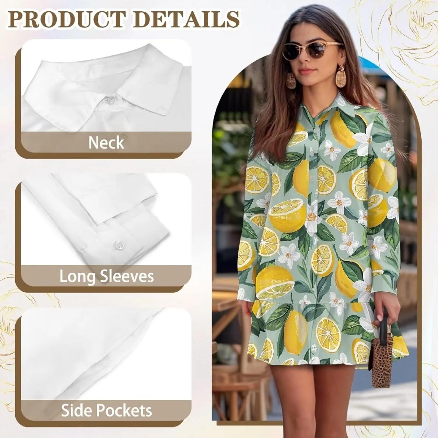 Tunic Shirt Mini Dress for Women Elegant Button Down V-Neck Shift Dress Long Sleeve Ruffle Hem Babydoll Dress
