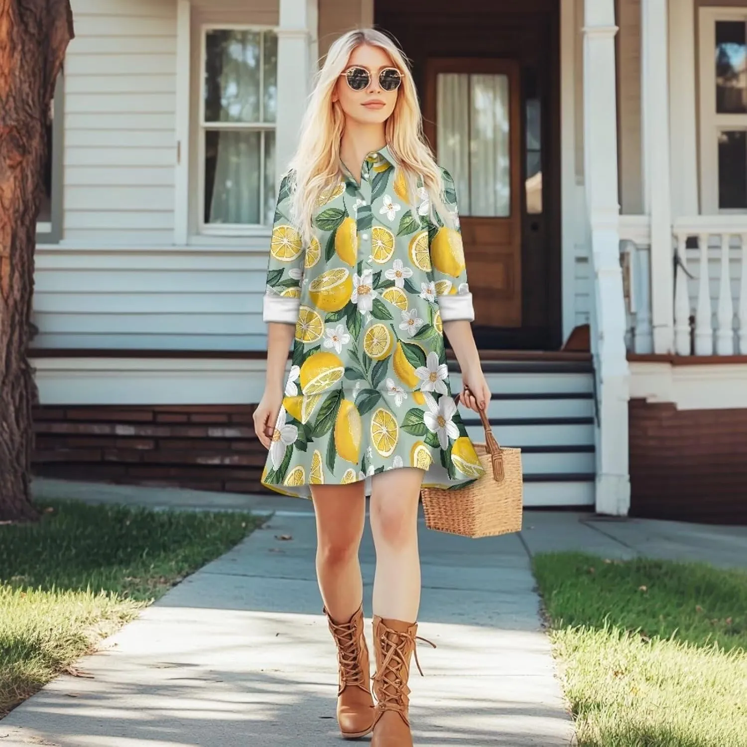Tunic Shirt Mini Dress for Women Elegant Button Down V-Neck Shift Dress Long Sleeve Ruffle Hem Babydoll Dress