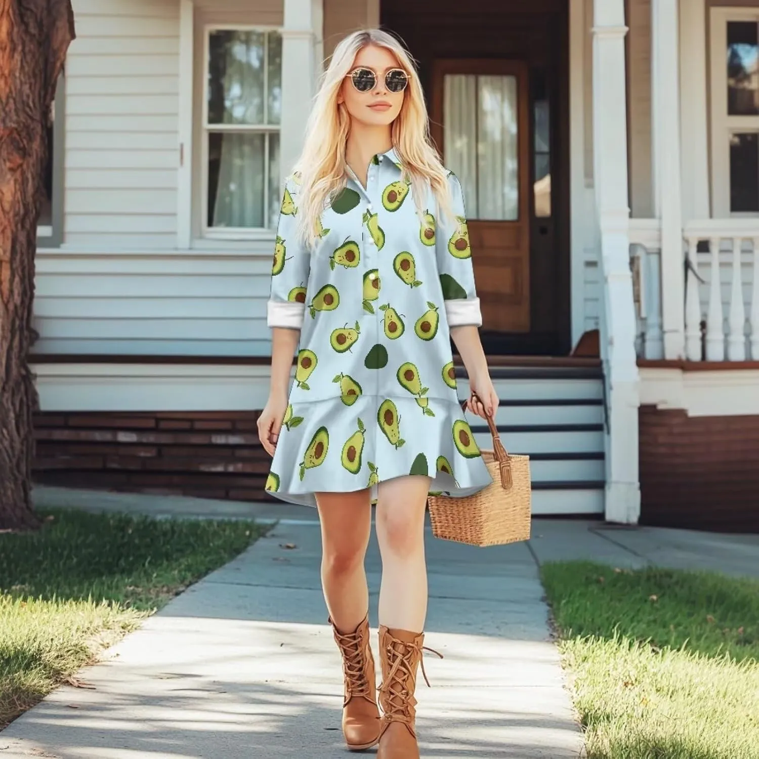 Tunic Shirt Mini Dress for Women Elegant Button Down V-Neck Shift Dress Long Sleeve Ruffle Hem Babydoll Dress