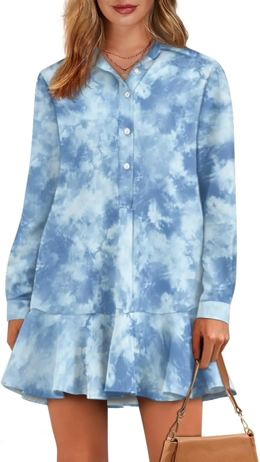 Tunic Shirt Mini Dress for Women Stylish Button Down V-Neck Shift Dress Drop Waist Long Sleeve Mini Dresses